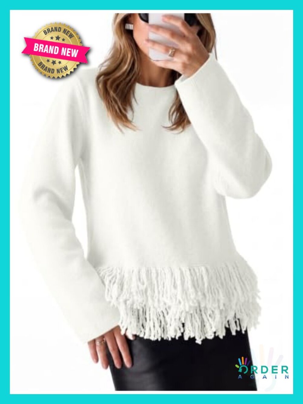 Fringe Sweater Crew Neck Boho Pullover Loose Knit Long Sleeve